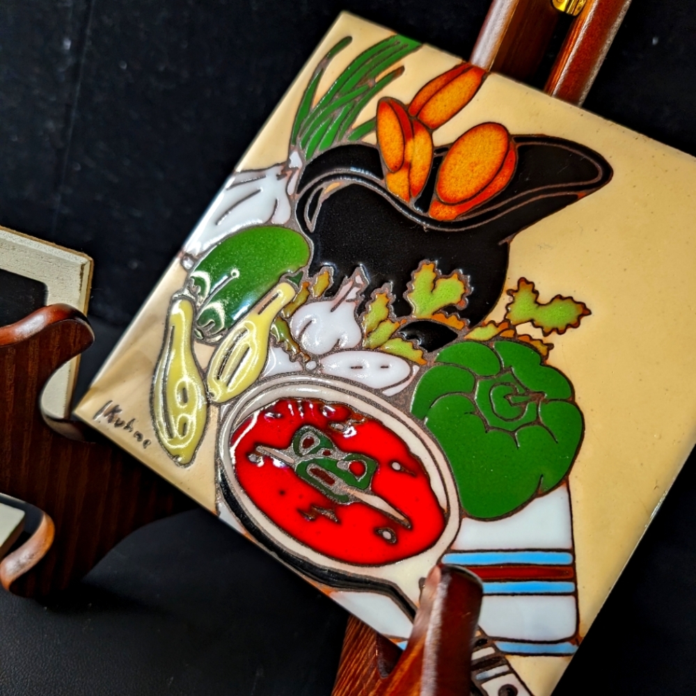 Ceramic trivets ‎ bundle of 2 vintage signed art piece trivets